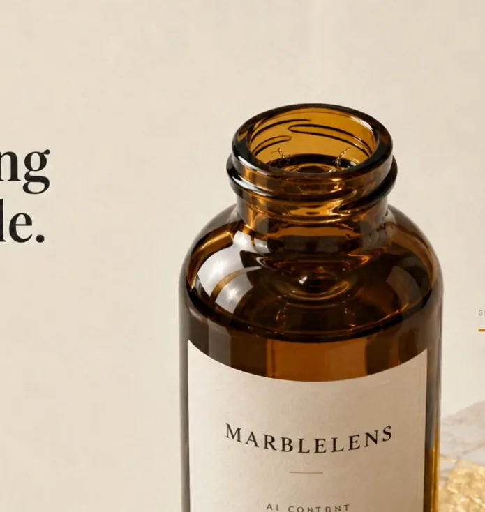 The MarbleLens bottle, generated — the film's own frame at 8.5 seconds.