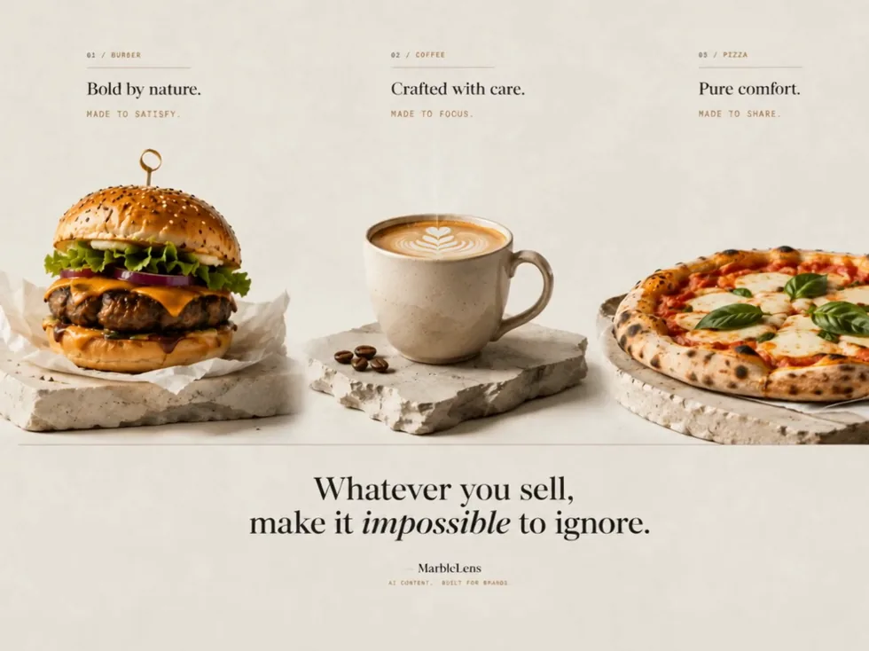 A burger, a coffee and a pizza, each shot as its own campaign.