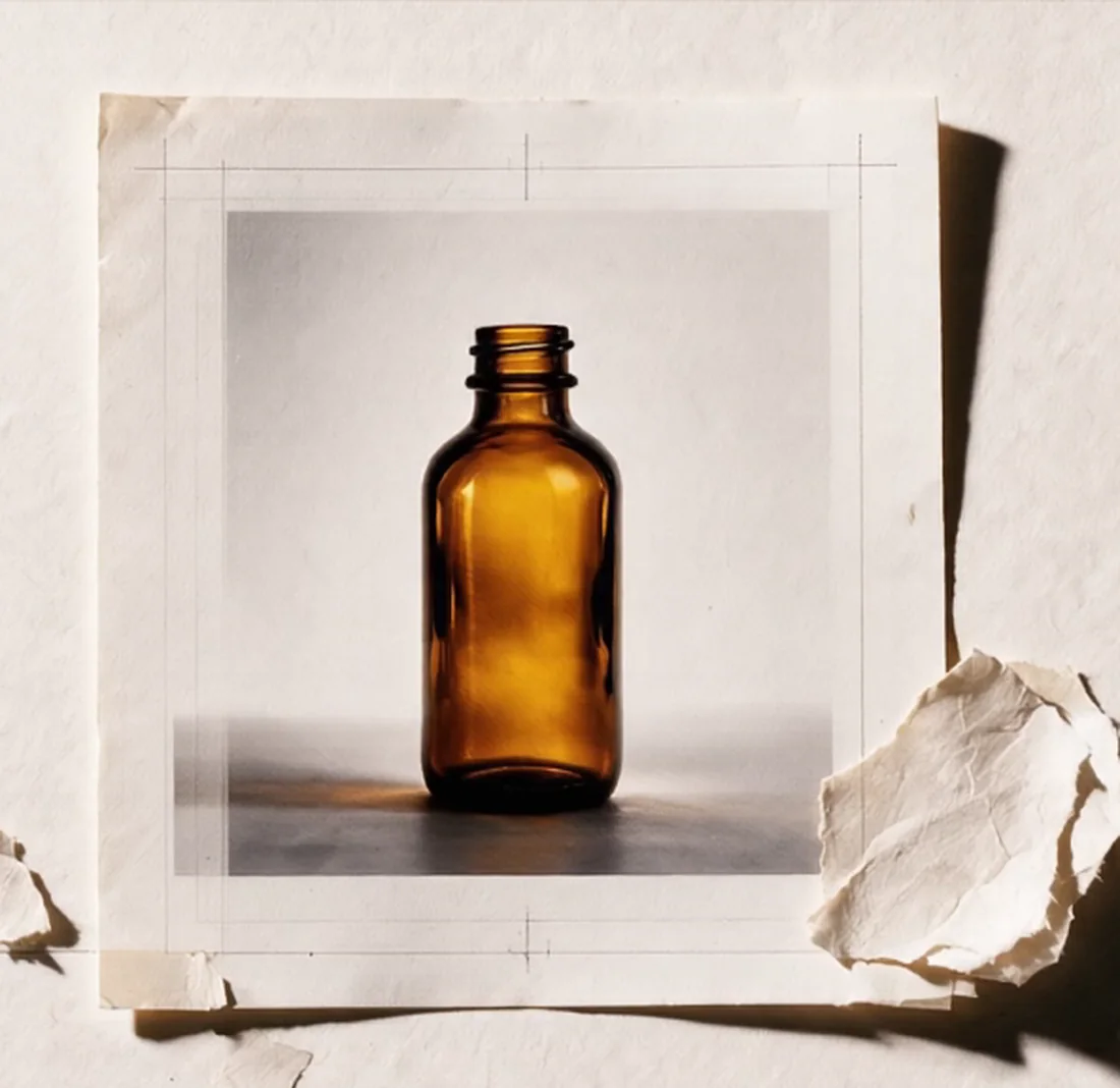 An amber bottle on an editorial paper set